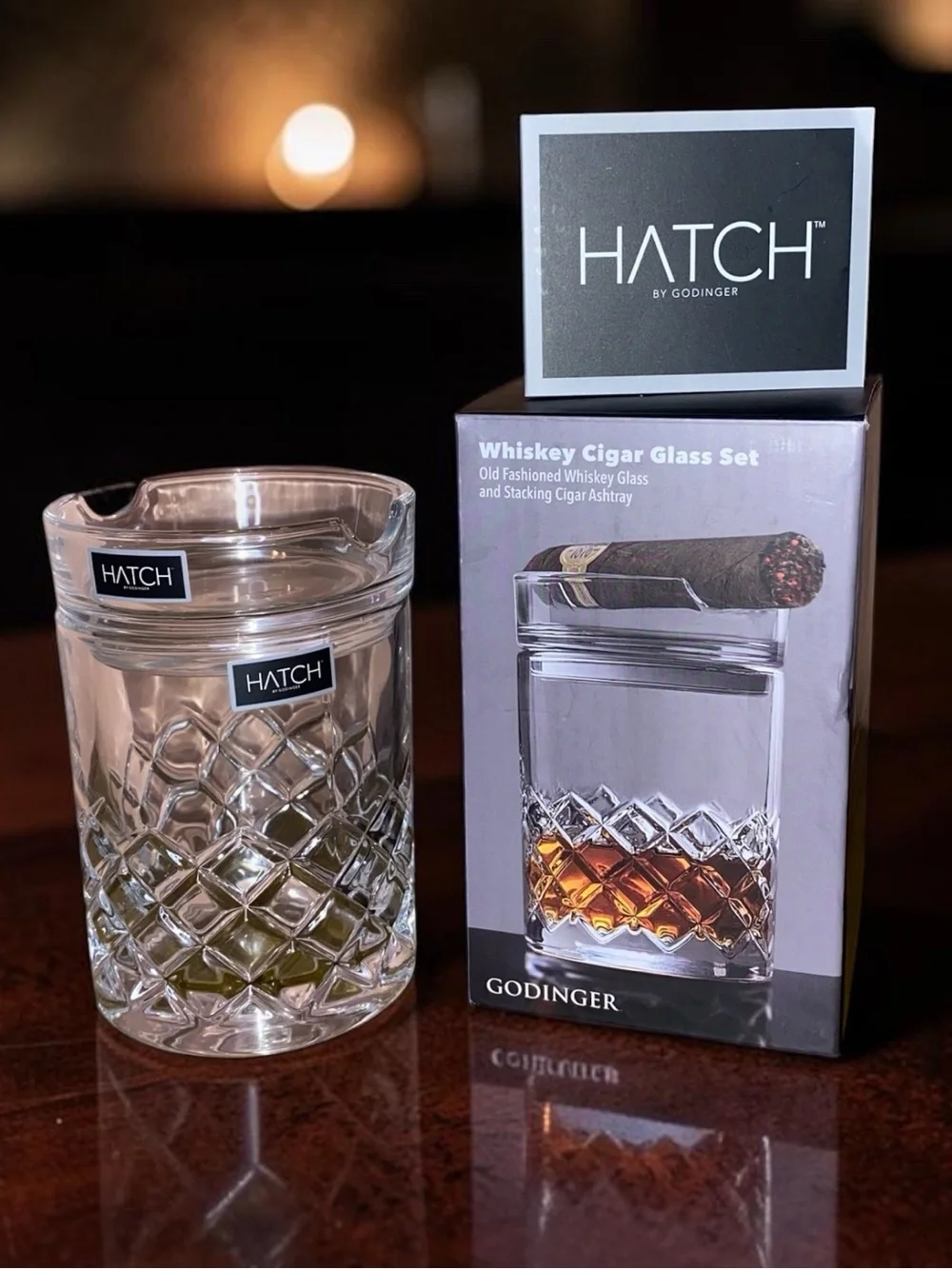 GODINGER “Hatch” Stackable Whiskey Cigar Glass Tumbler/Ashtray Set New in Box
